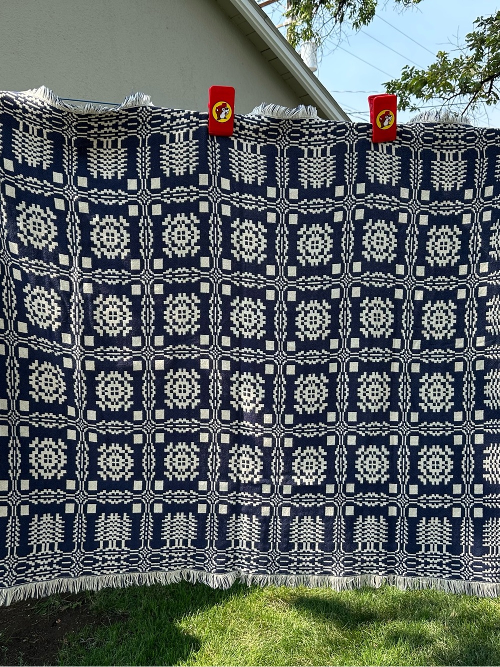 Vintage Goodwin Guild Navy and Cream Coverlet 100% Cotton Hand Woven 50" x 70"
